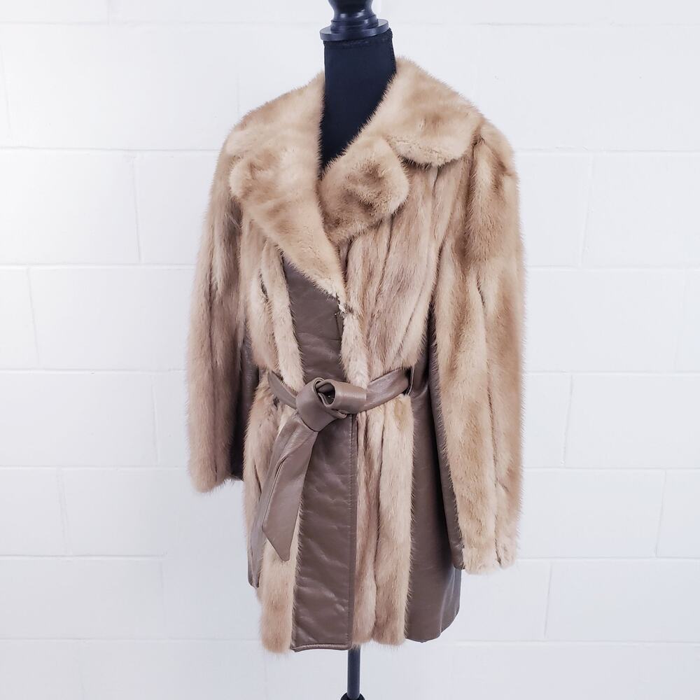 Vintage Tan Mink Leather Trim Coat Mid-Length 1960s Fur Coat - Picture 1 of 15